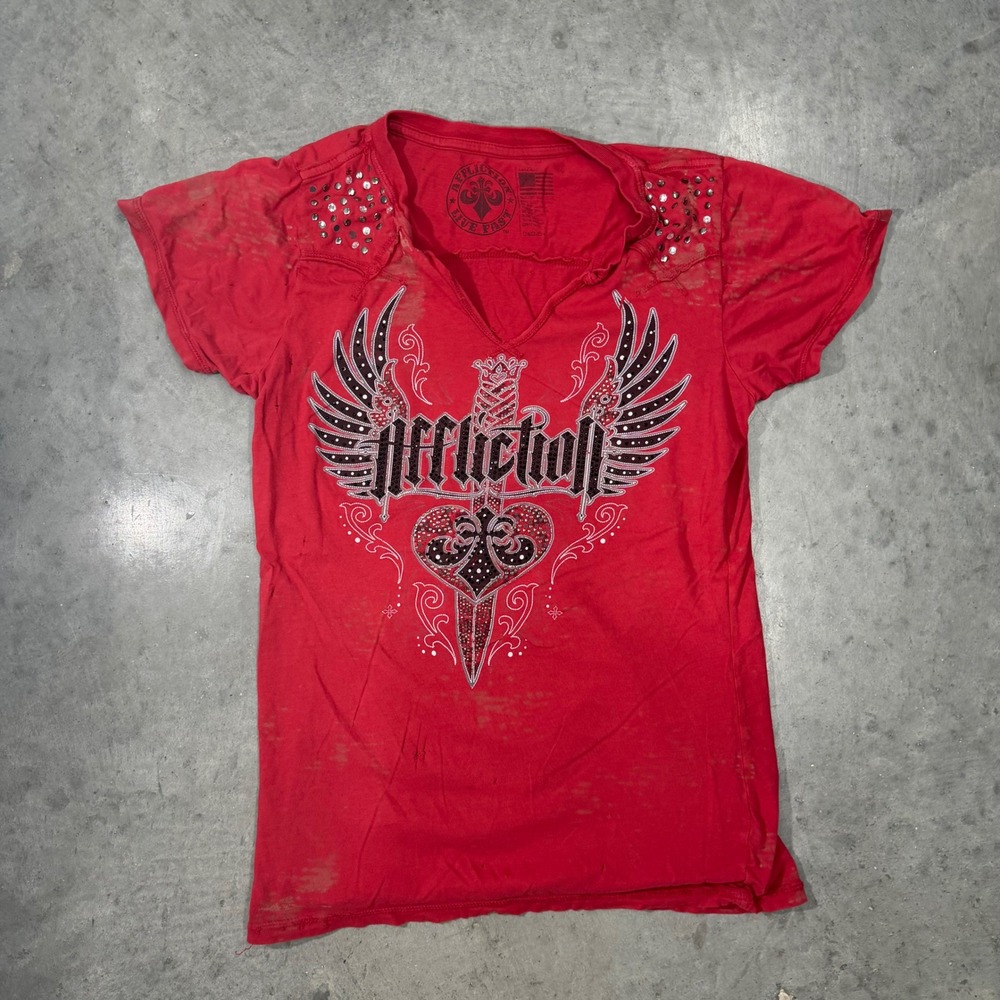 Affliction Live Fast Red Distressed Rhinestone Studded Graphic V-Neck Tee L